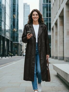 Wilson’s- Pelle Studio 90s ladies black leather double breasted Trench Coat